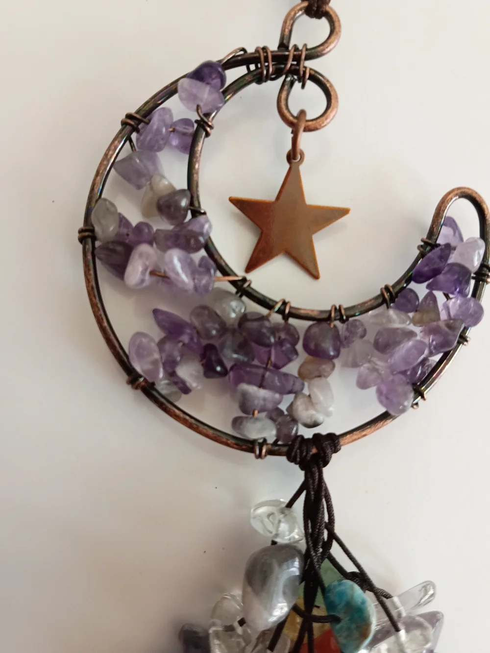 Bohemian Amethyst Moon Charm Hanger Necklace with Multicolor Gem Tassel Chakra